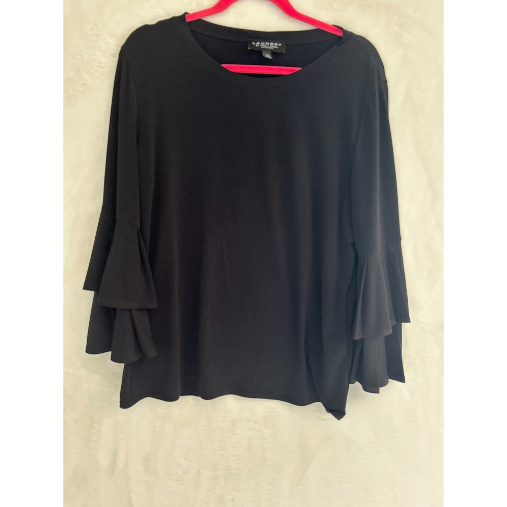 Laundry‎ Shelli Segal Women Large Black Tiered Bell Sleeve Blouse Crew Neck Top